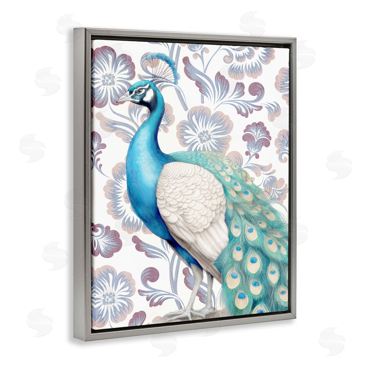 Kim Allen Peacock on Floral Pattern Gray Floating Frame Canvas Wall Art Print