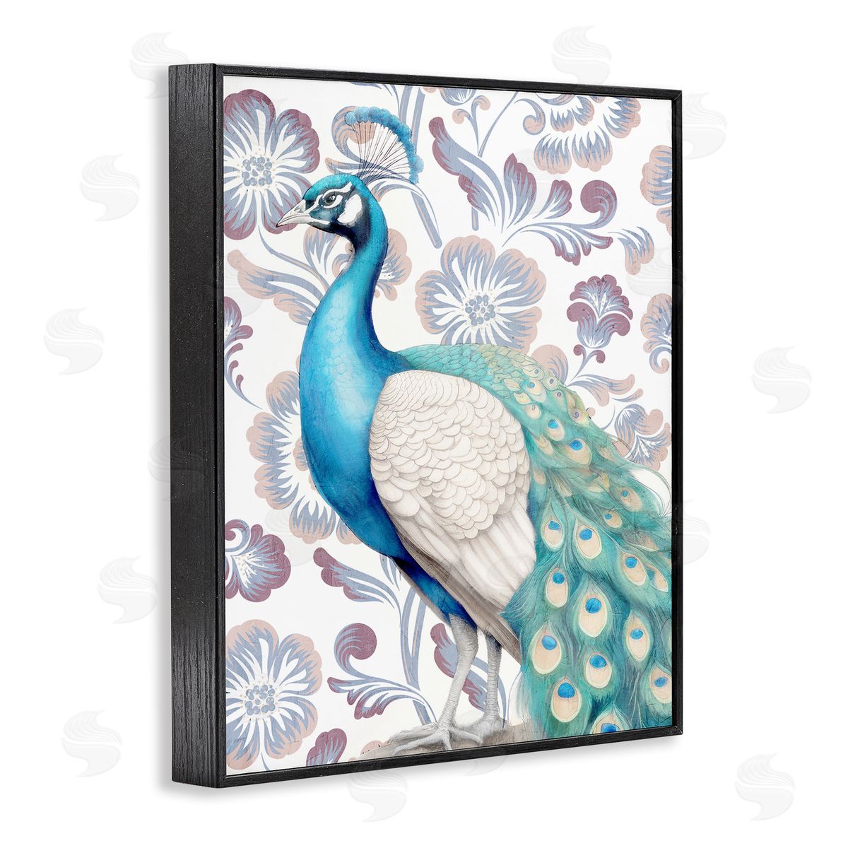 Kim Allen Peacock on Floral Pattern Black Framed Giclee Wall Art Print