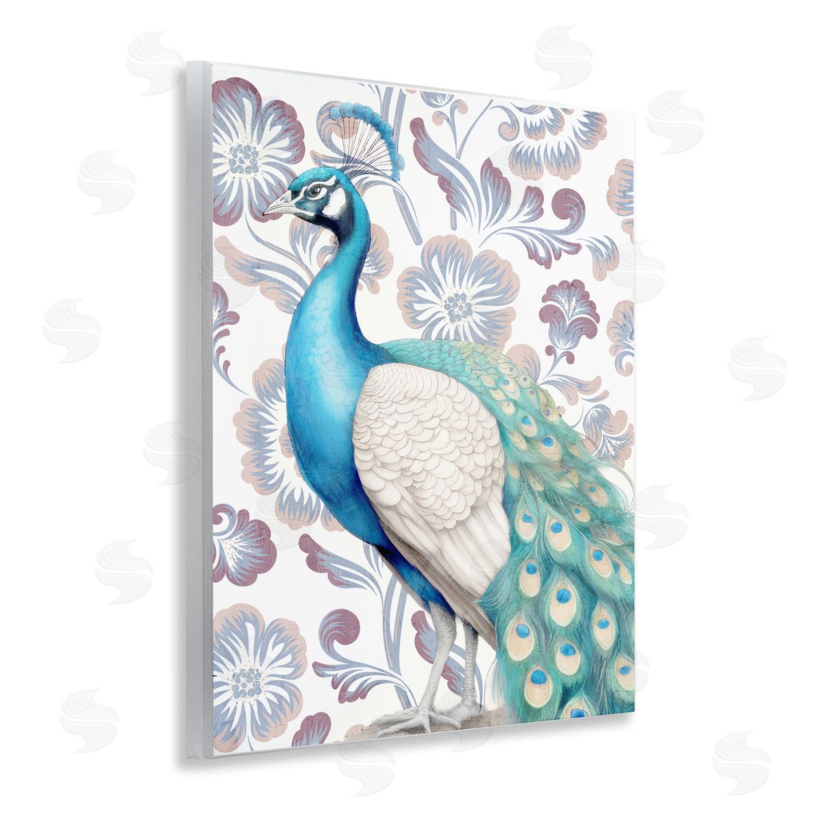 Kim Allen Peacock on Floral Pattern Wooden Wall Plaque Art Print