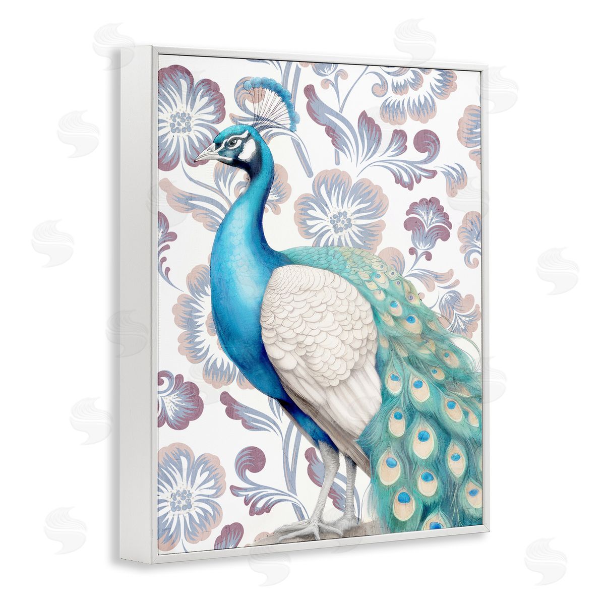 Kim Allen Peacock on Floral Pattern White Framed Giclee Wall Art Print