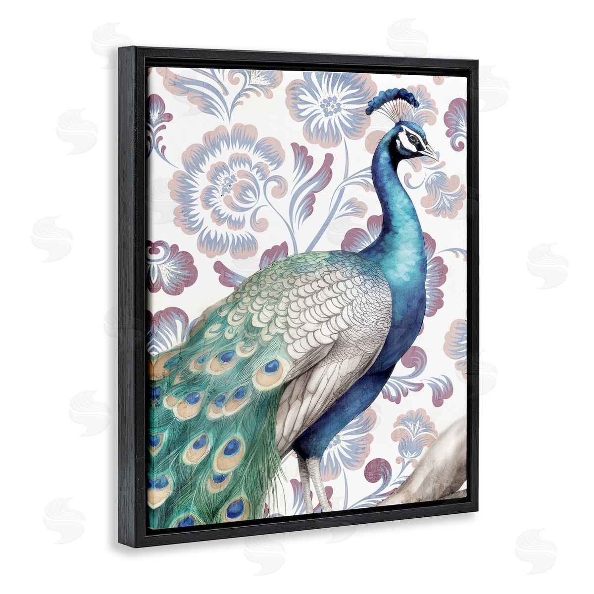 Kim Allen Peacock on Vintage Florals Black Floating Frame Canvas Wall Art Print