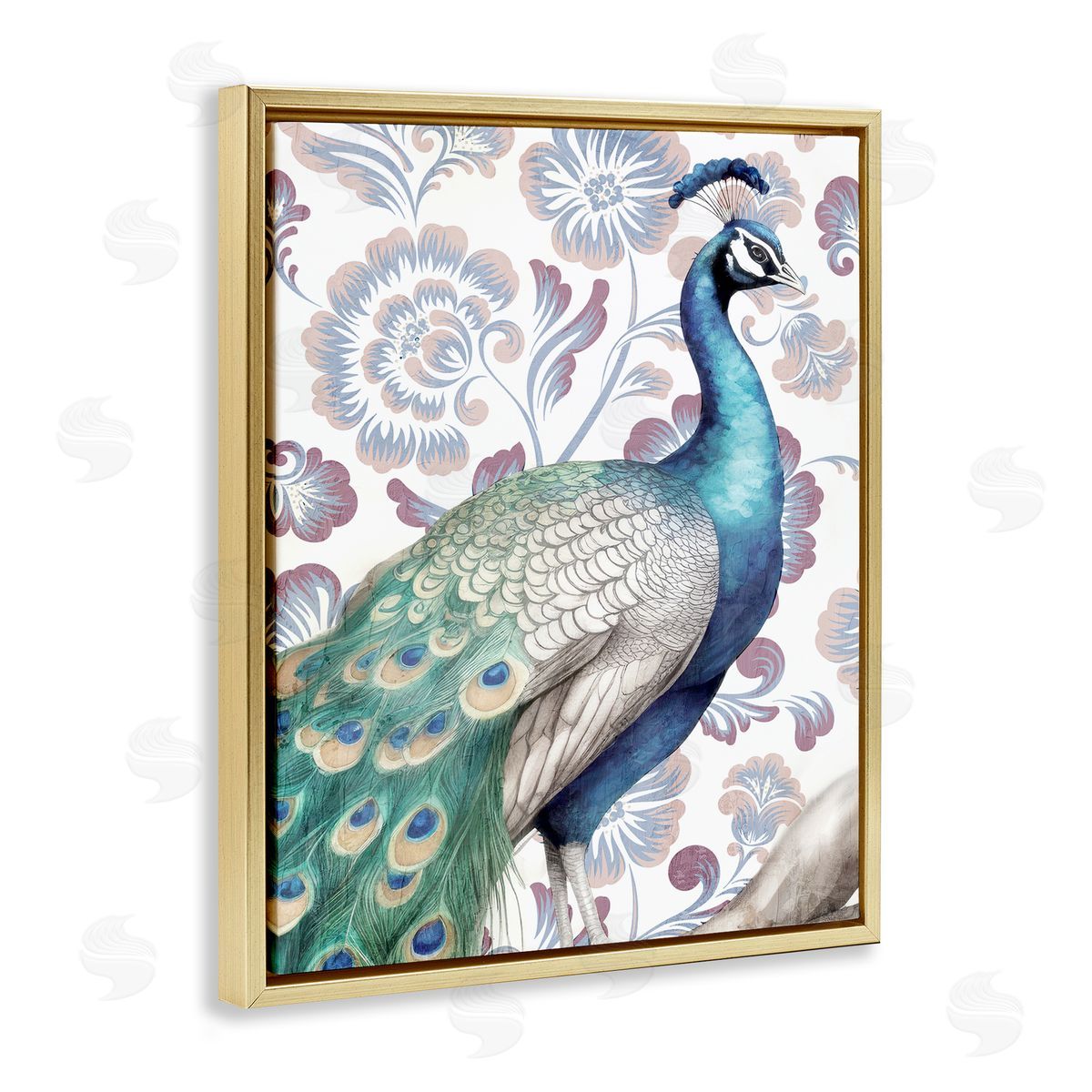 Kim Allen Peacock on Vintage Florals Gold Floating Frame Canvas Wall Art Print