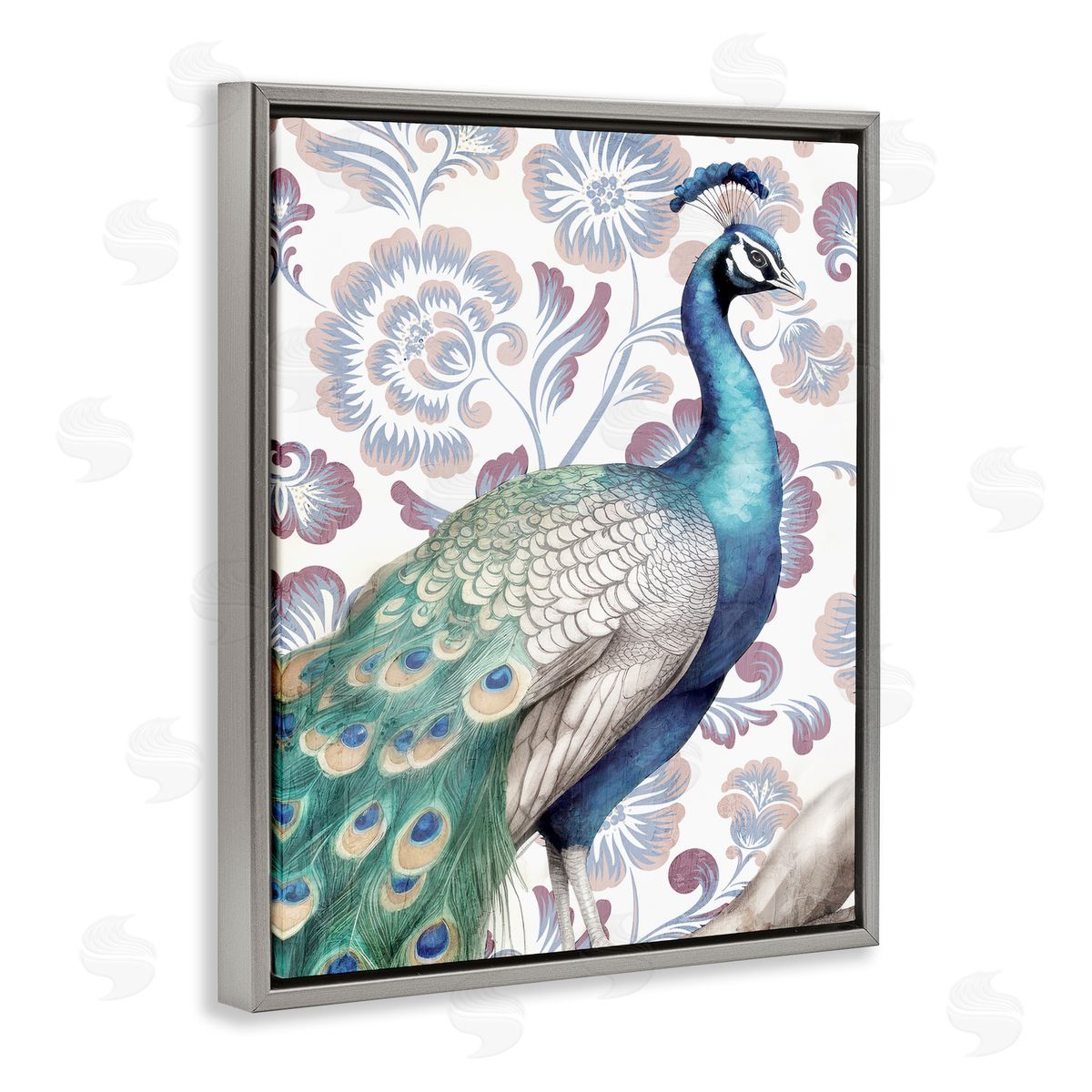 Kim Allen Peacock on Vintage Florals Gray Floating Frame Canvas Wall Art Print
