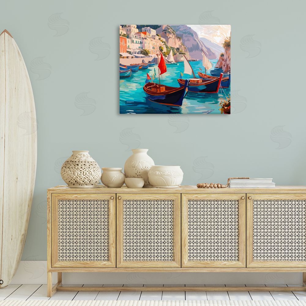 Amelia Noyes Capri Boat Marina View Canvas Wall Art Print in Room