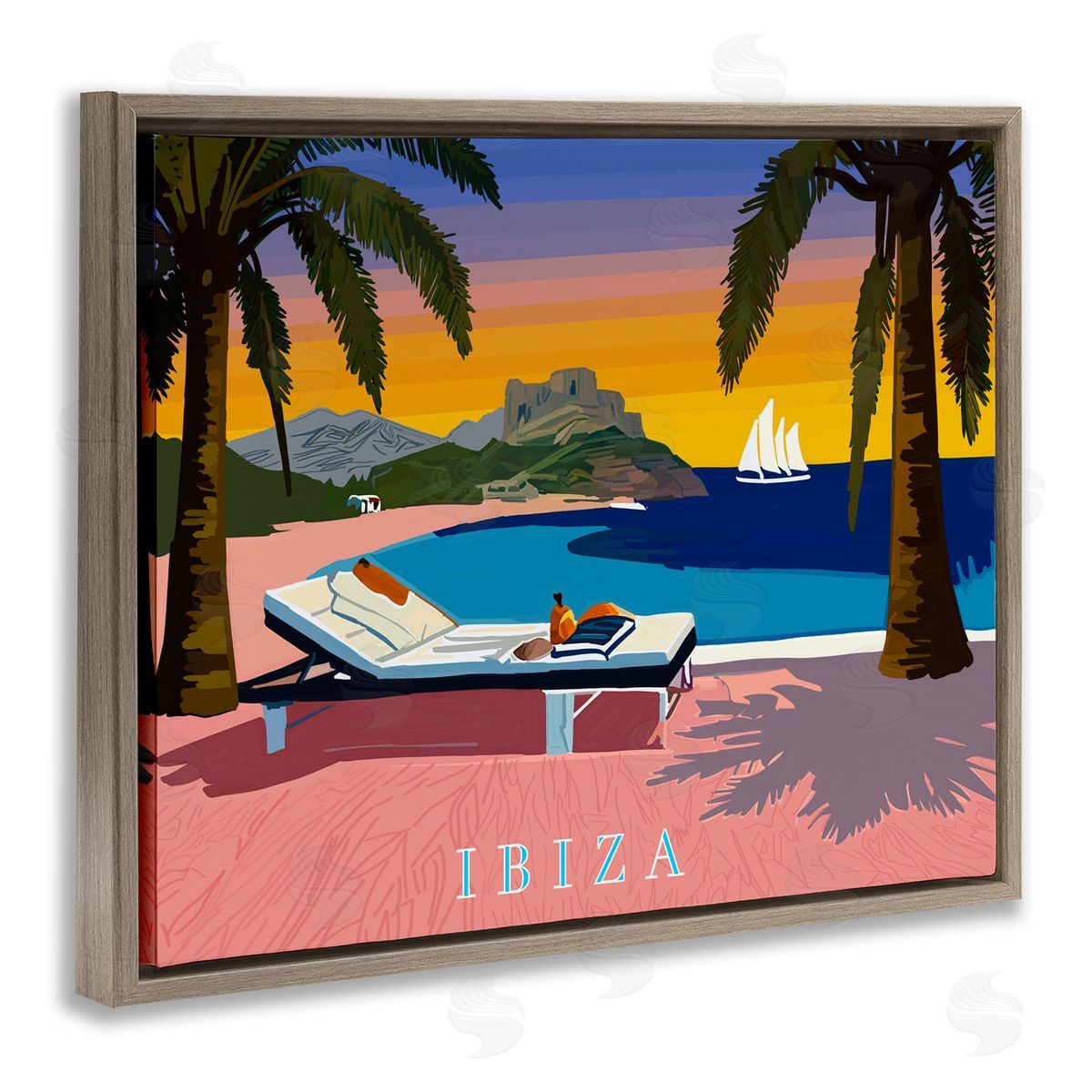 Amelia Noyes Ibiza Tropical Beach View Brown Floating Frame Canvas Wall Art Print