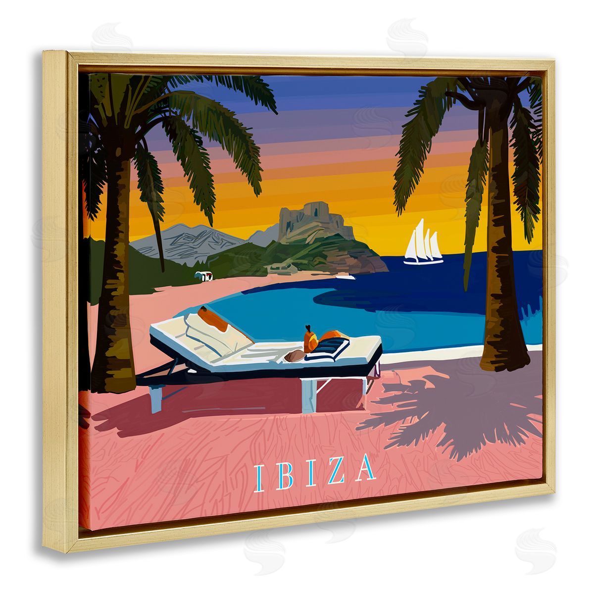 Amelia Noyes Ibiza Tropical Beach View Gold Floating Frame Canvas Wall Art Print