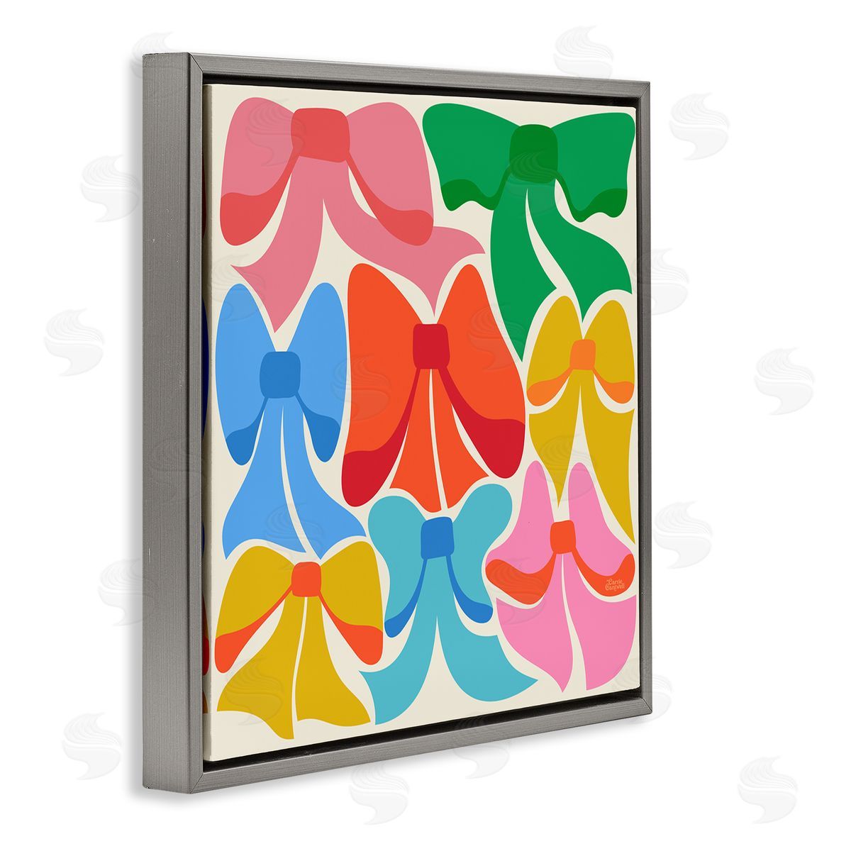 Carrie Cantwell Rainbow Bows Ribbon Shapes Gray Floating Frame Canvas Wall Art Print