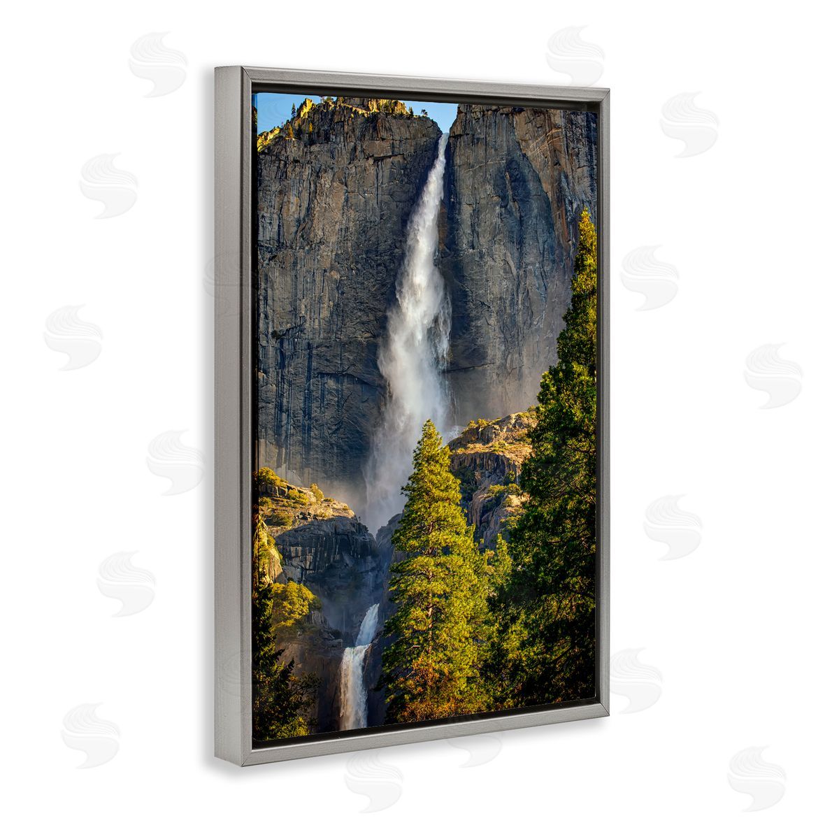 Rick Berk Waterfall Between Cliffs Gray Floating Frame Canvas Wall Art Print