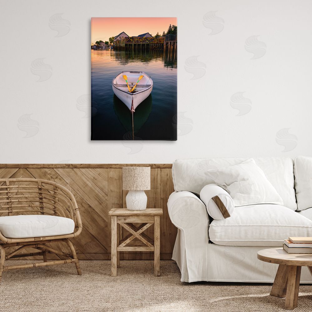 Rick Berk Docked Rowboat with Oars Canvas Wall Art Print in Room