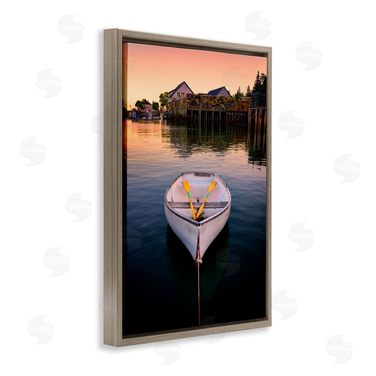 Rick Berk Docked Rowboat with Oars Brown Floating Frame Canvas Wall Art Print