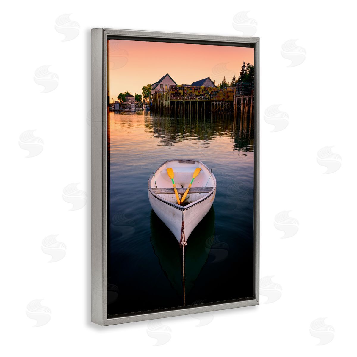 Rick Berk Docked Rowboat with Oars Gray Floating Frame Canvas Wall Art Print