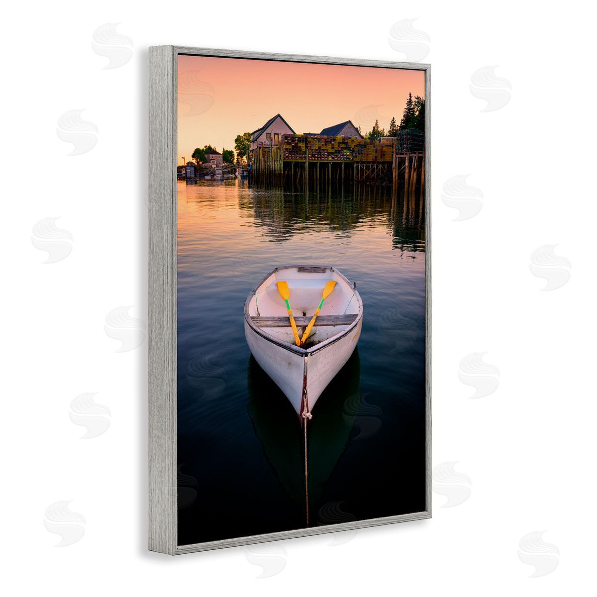 Rick Berk Docked Rowboat with Oars Gray Framed Giclee Wall Art Print