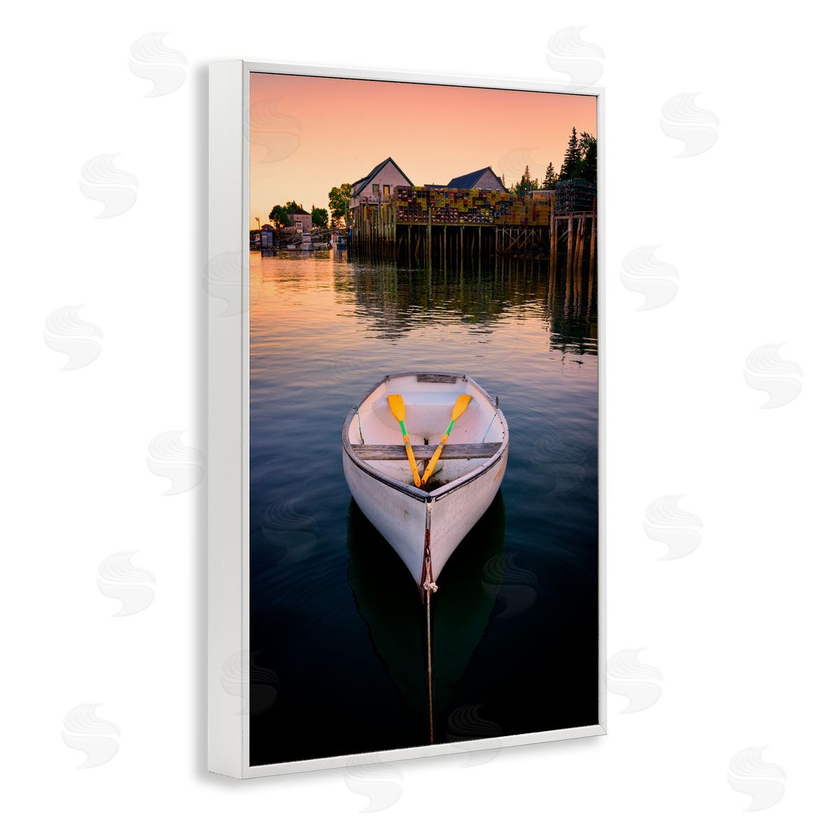 Rick Berk Docked Rowboat with Oars White Framed Giclee Wall Art Print