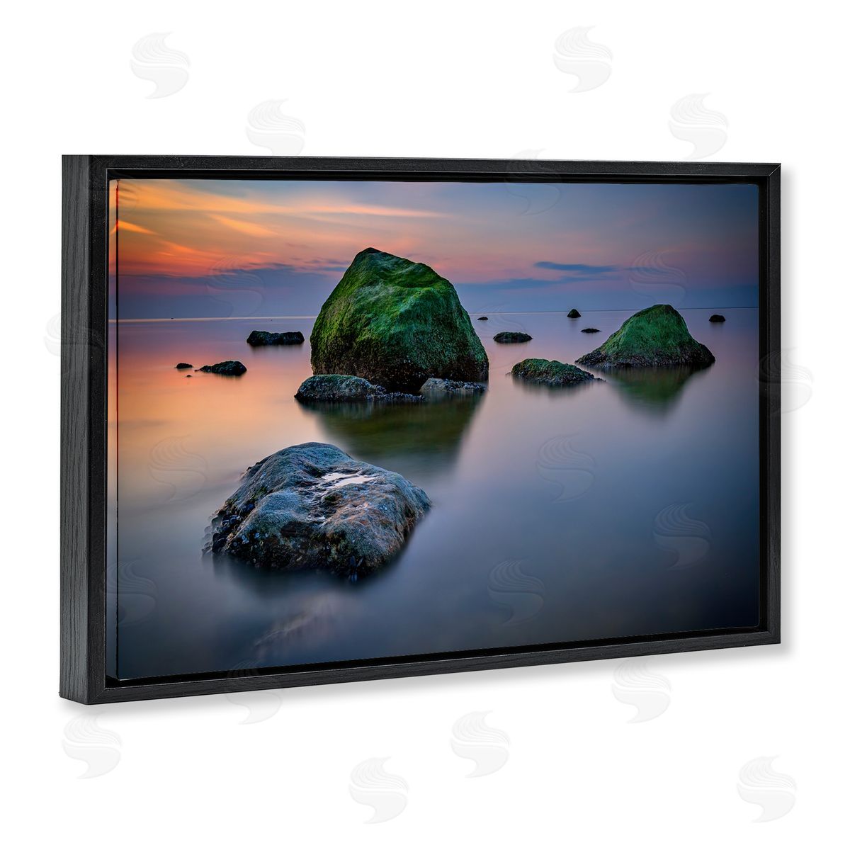 Rick Berk Mossy Rocks Protruding Sea Black Floating Frame Canvas Wall Art Print
