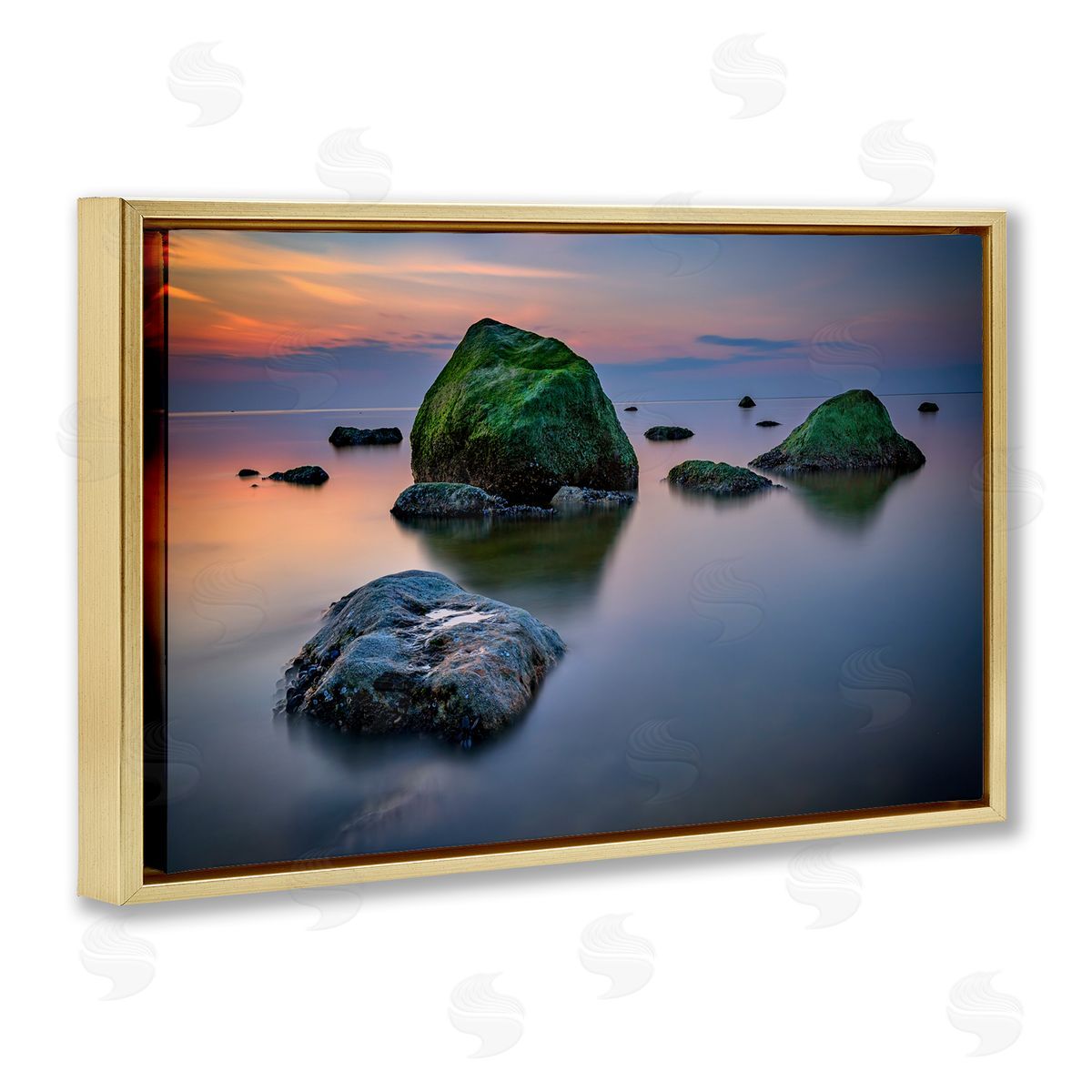 Rick Berk Mossy Rocks Protruding Sea Gold Floating Frame Canvas Wall Art Print