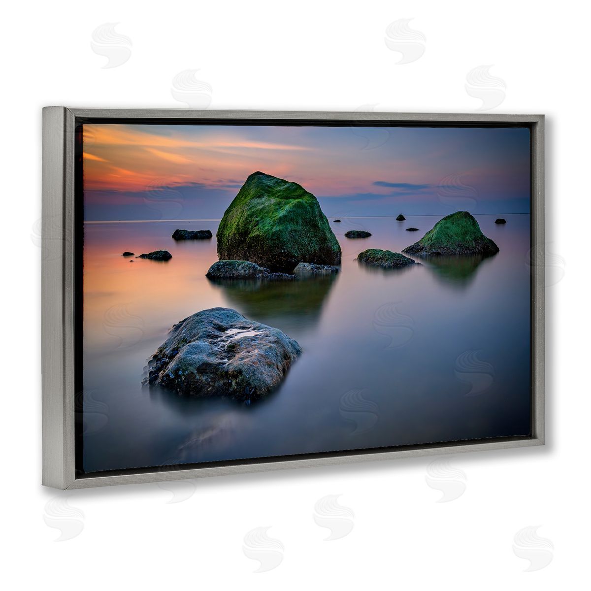 Rick Berk Mossy Rocks Protruding Sea Gray Floating Frame Canvas Wall Art Print