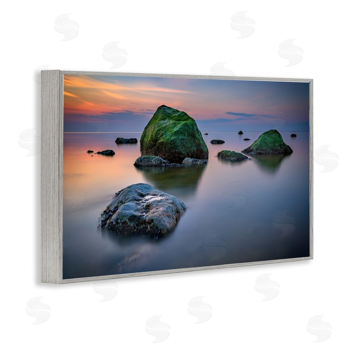 Rick Berk Mossy Rocks Protruding Sea Gray Framed Giclee Wall Art Print