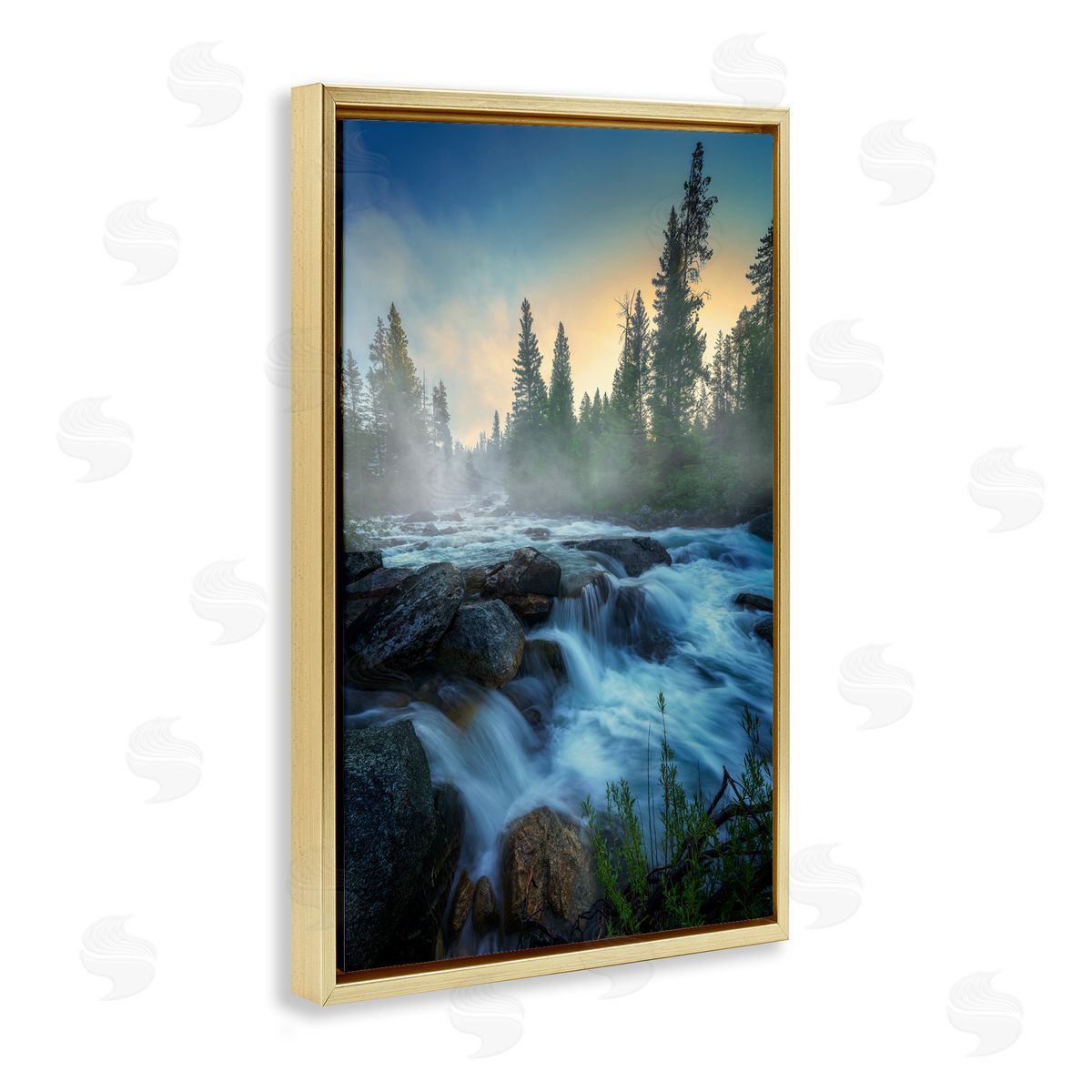 Rick Berk Fog Over Rushing Water Gold Floating Frame Canvas Wall Art Print