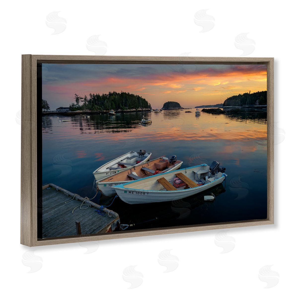 Rick Berk Three Boats at Sunset Brown Floating Frame Canvas Wall Art Print