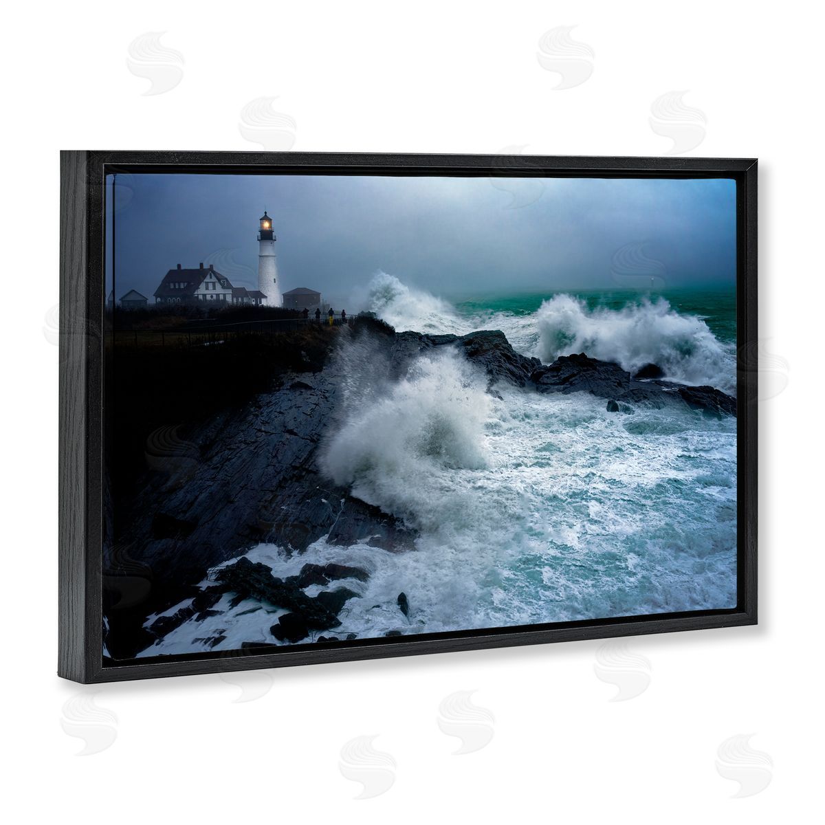 Rick Berk Splashing Waters with Lighthouse Black Floating Frame Canvas Wall Art Print