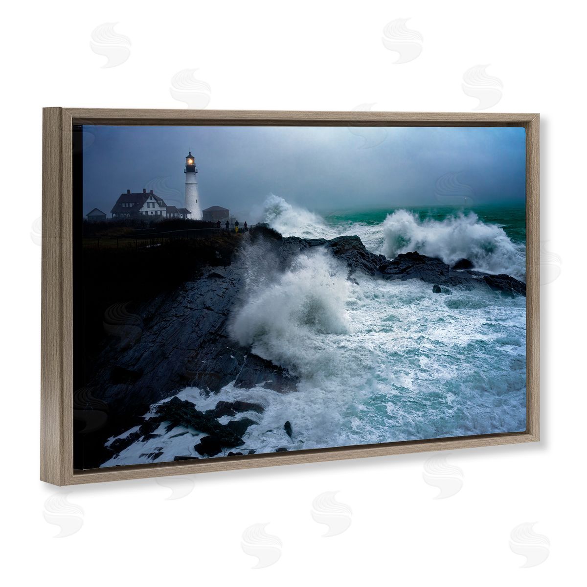 Rick Berk Splashing Waters with Lighthouse Brown Floating Frame Canvas Wall Art Print