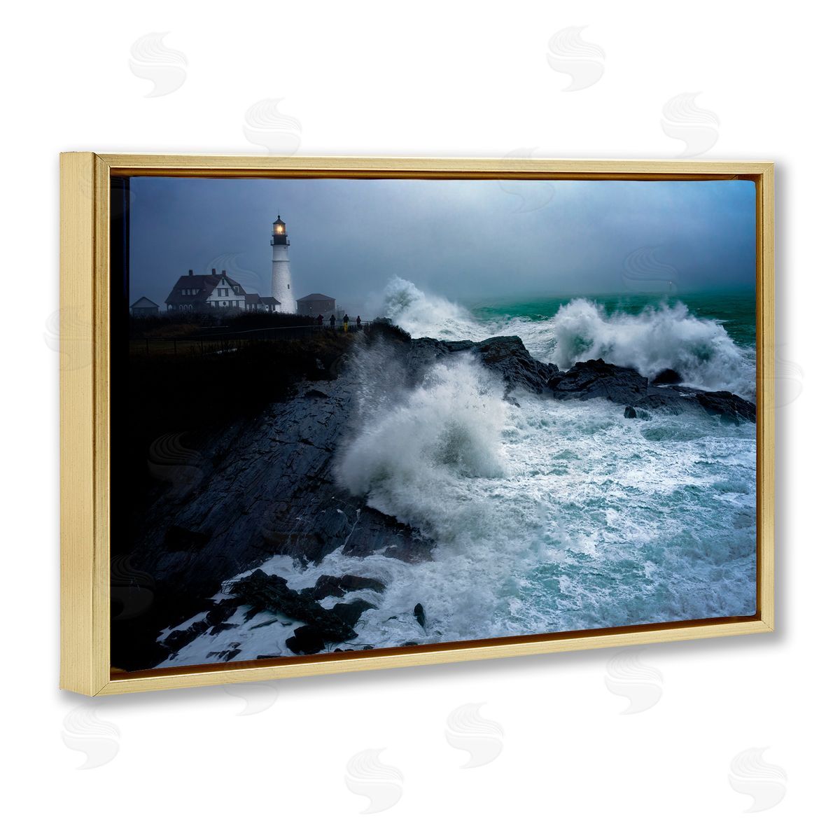 Rick Berk Splashing Waters with Lighthouse Gold Floating Frame Canvas Wall Art Print