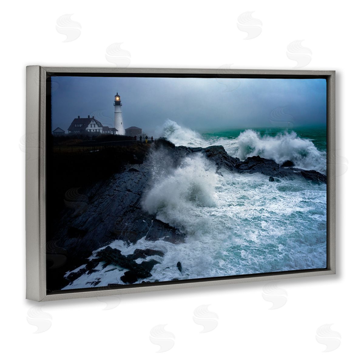 Rick Berk Splashing Waters with Lighthouse Gray Floating Frame Canvas Wall Art Print