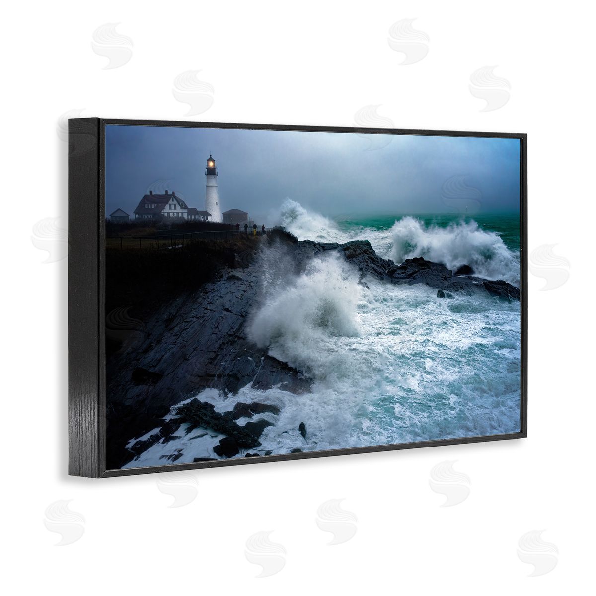 Rick Berk Splashing Waters with Lighthouse Black Framed Giclee Wall Art Print