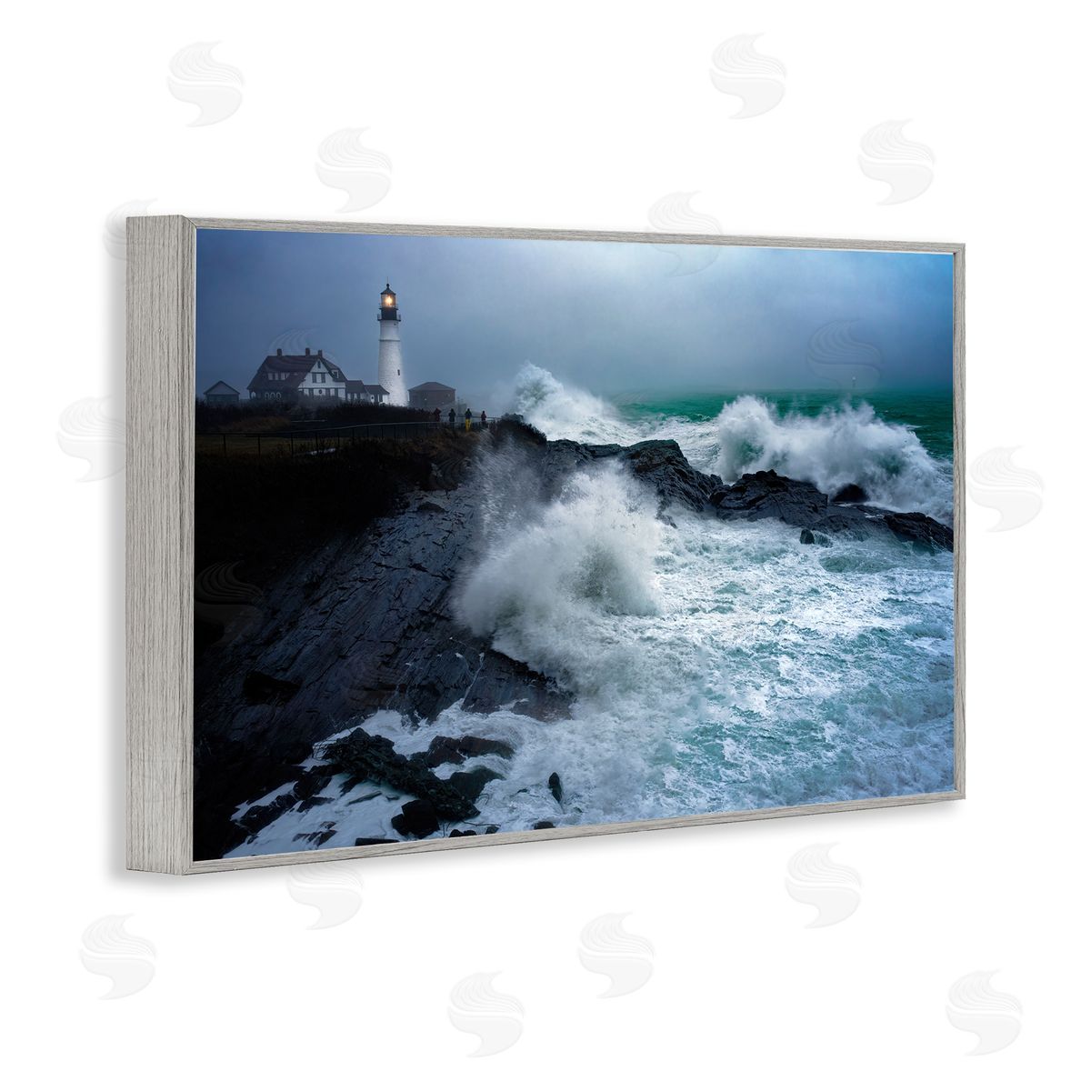 Rick Berk Splashing Waters with Lighthouse Gray Framed Giclee Wall Art Print