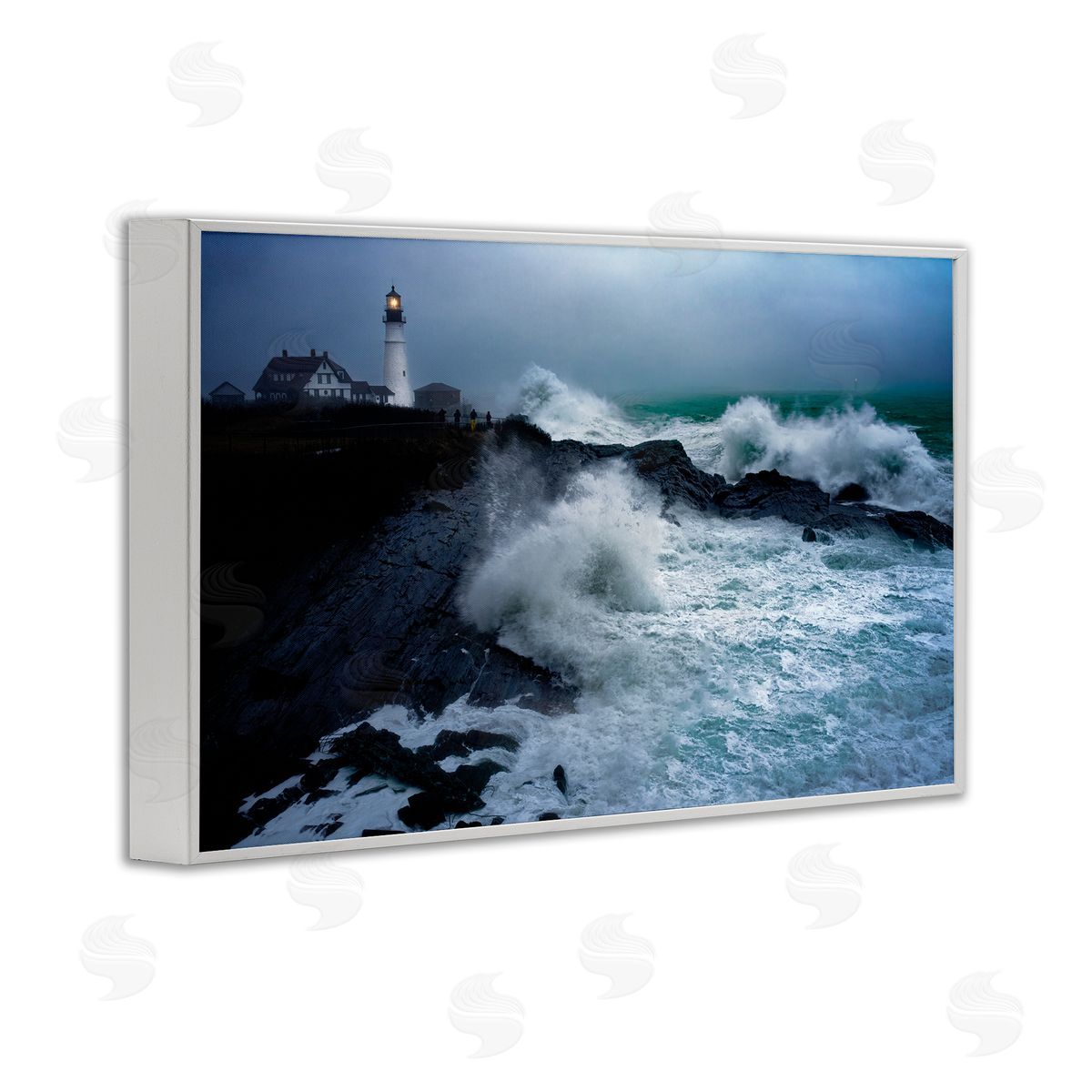 Rick Berk Splashing Waters with Lighthouse White Framed Giclee Wall Art Print