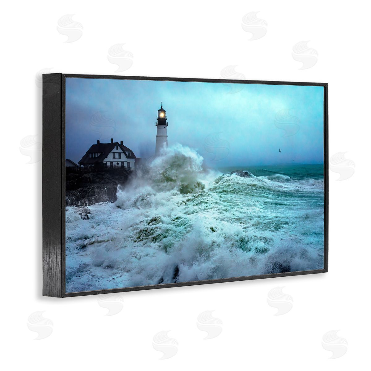 Rick Berk Tall Splashing Waves Lighthouse Black Framed Giclee Wall Art Print