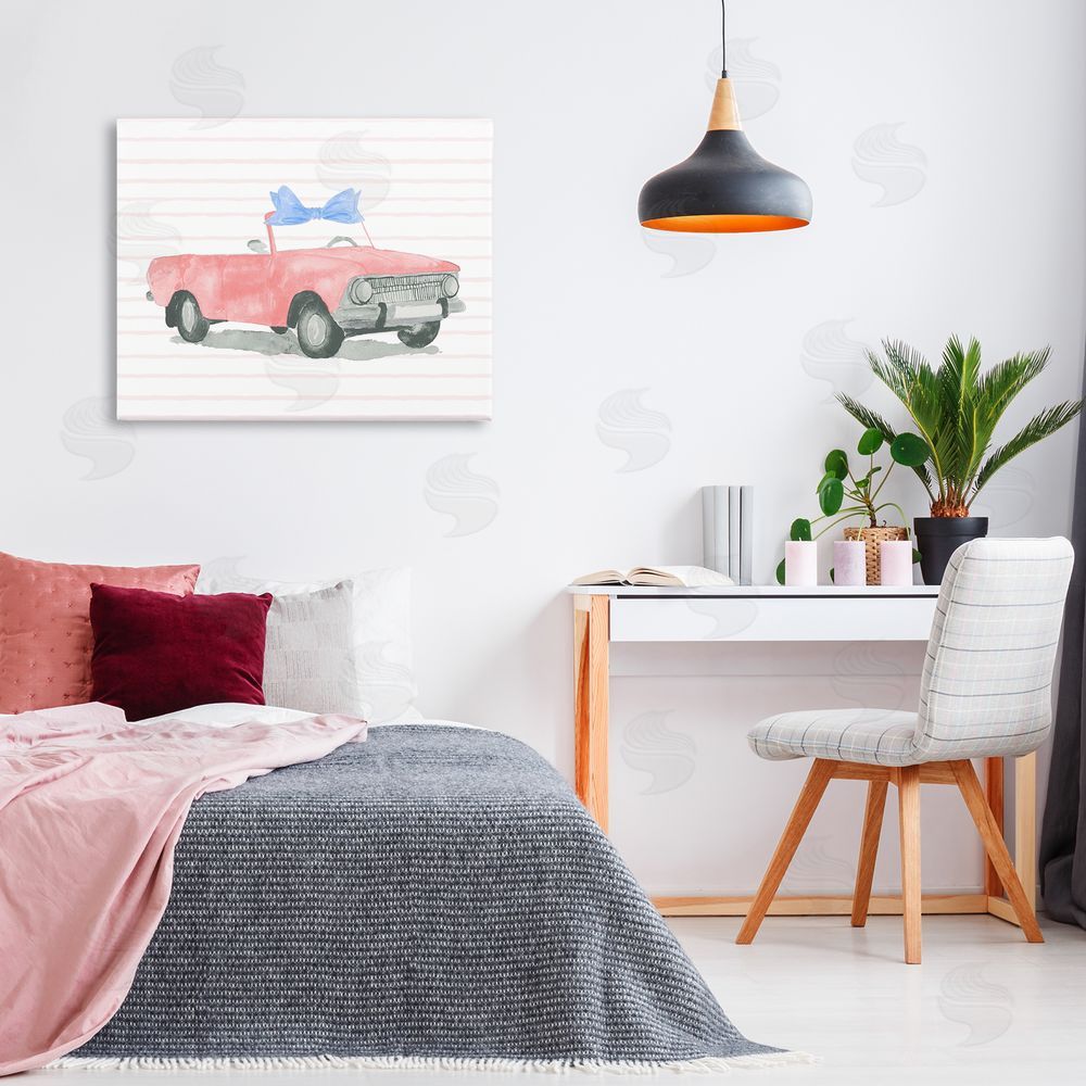 Lucille Price Blue Bow on Antique Car Canvas Wall Art Print in Room