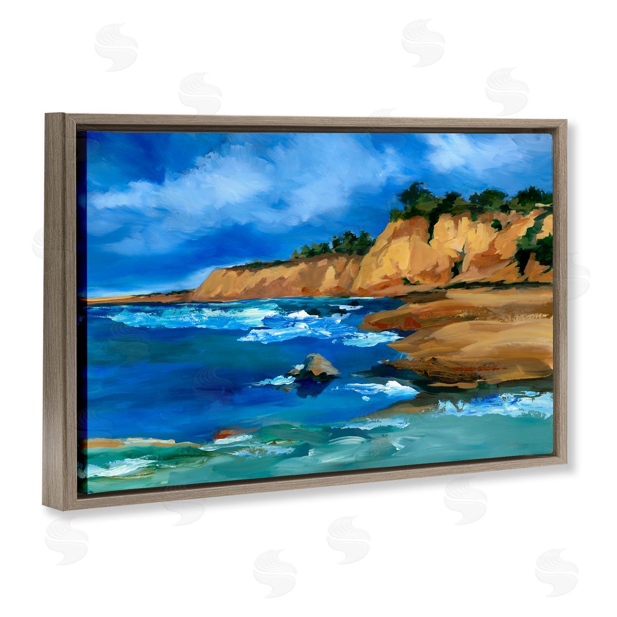 Liz Jardine Beachside Cliffs Landscape Brown Floating Frame Canvas Wall Art Print