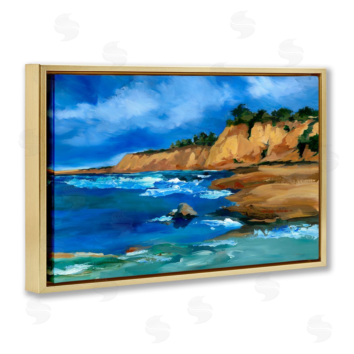 Liz Jardine Beachside Cliffs Landscape Gold Floating Frame Canvas Wall Art Print