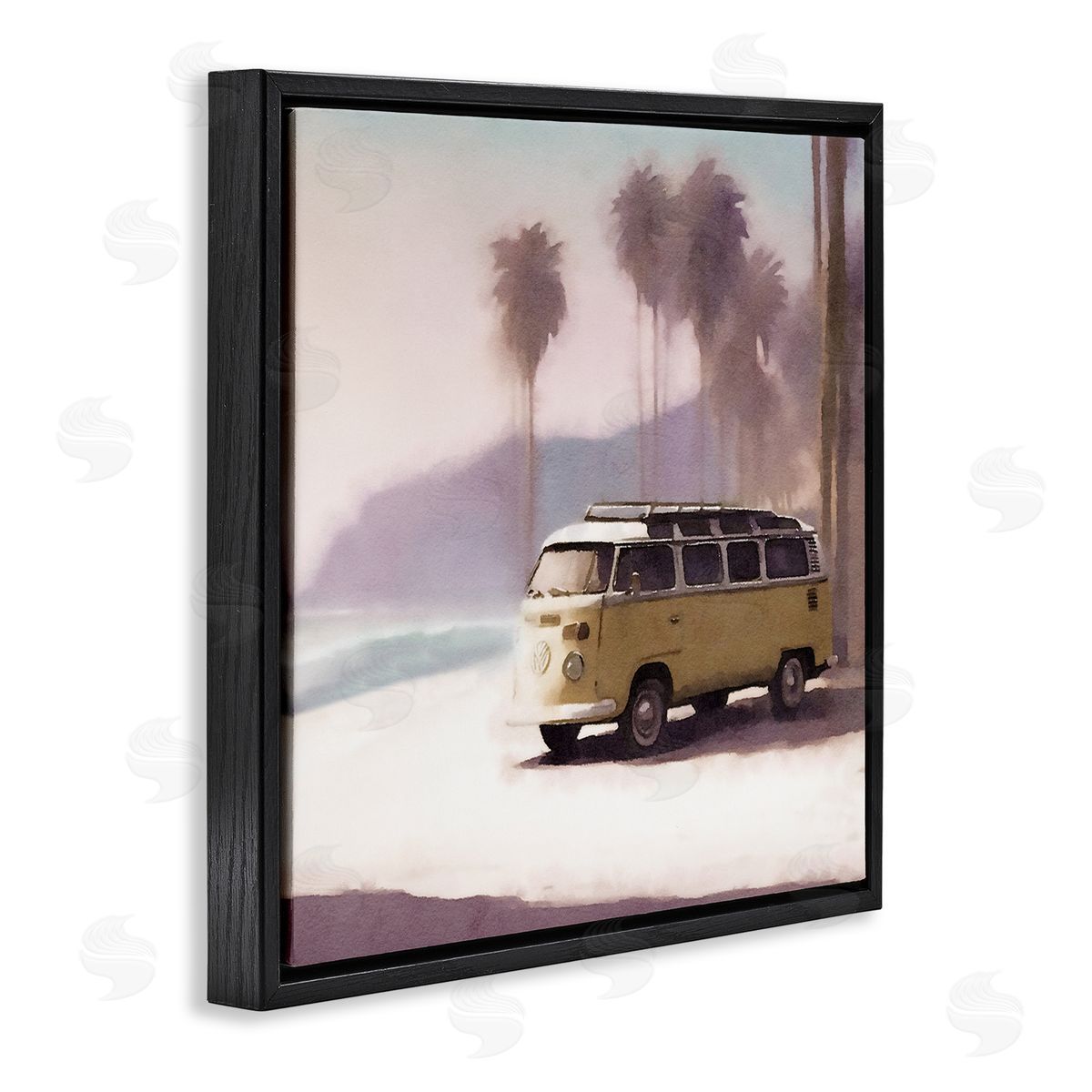 Noah Bay Yellow Van on Beach Black Floating Frame Canvas Wall Art Print