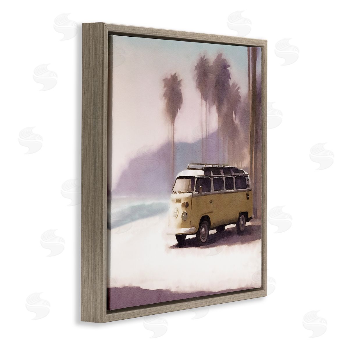 Noah Bay Yellow Van on Beach Brown Floating Frame Canvas Wall Art Print
