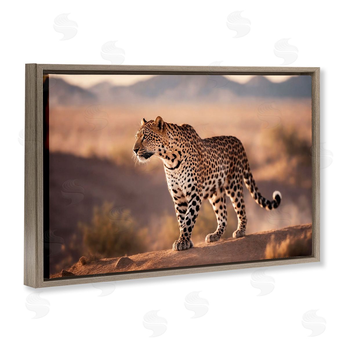 Cheetah On Patrol Brown Floating Frame Canvas Wall Art, Home Decor by Noah Bay
