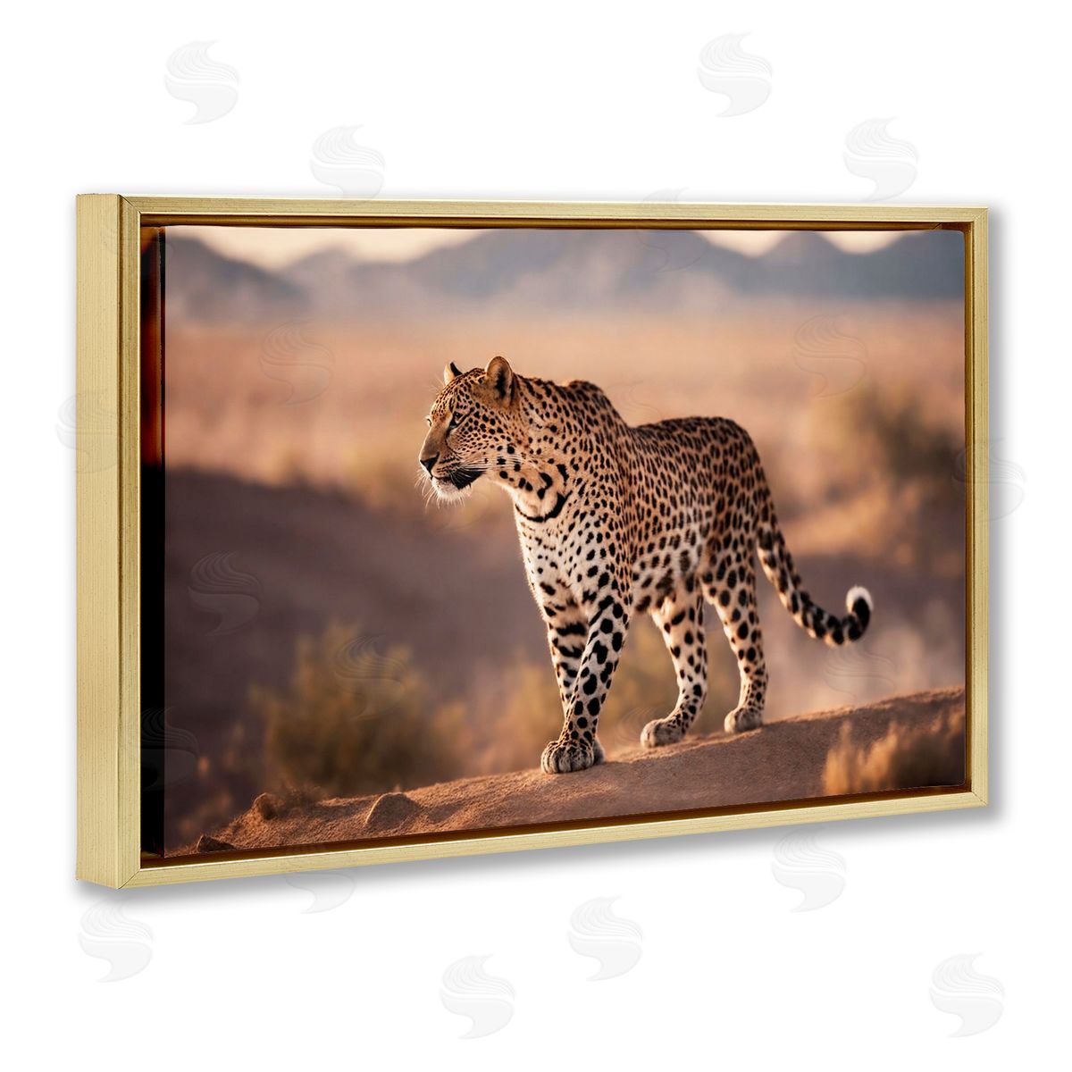Cheetah On Patrol Gold Floating Frame Canvas Wall Art, Home Decor by Noah Bay