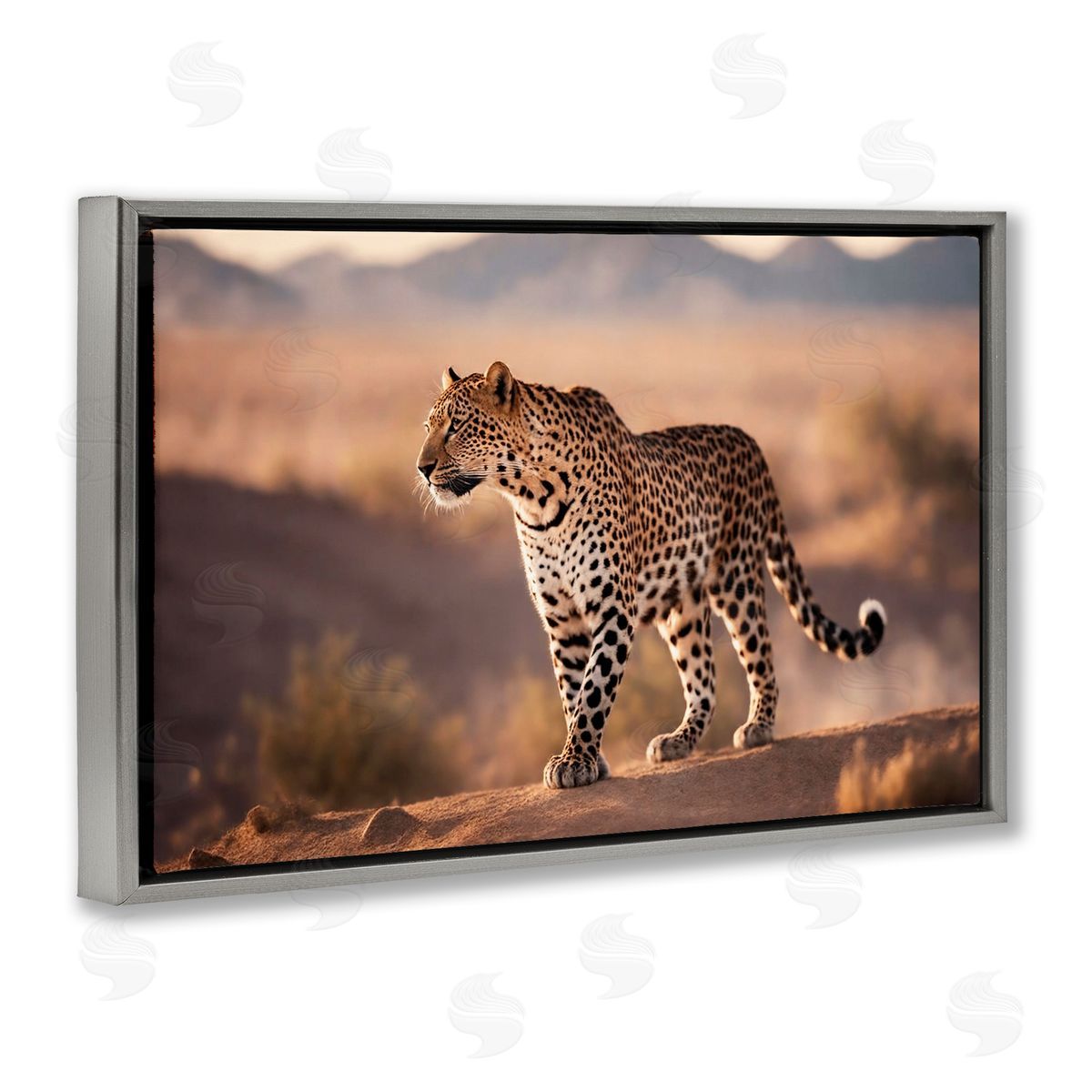 Cheetah On Patrol Grey Floating Frame Canvas Wall Art, Home Decor by Noah Bay