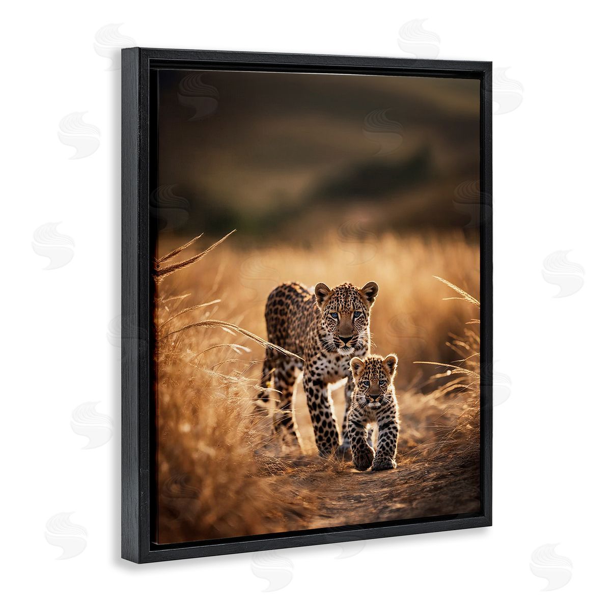 Cheetah & Cub in Nature Black Floating Frame Canvas Wall Art, Home Decor by Noah Bay