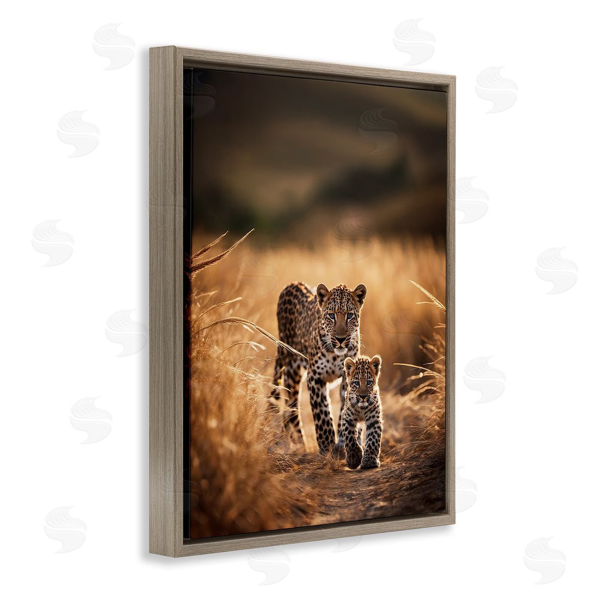 Cheetah & Cub in Nature Brown Floating Frame Canvas Wall Art, Home Decor by Noah Bay