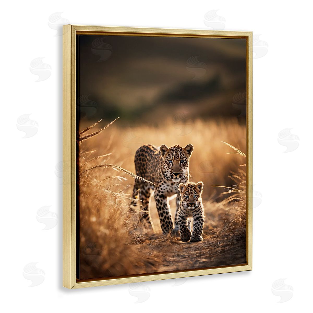 Cheetah & Cub in Nature Gold Floating Frame Canvas Wall Art, Home Decor by Noah Bay