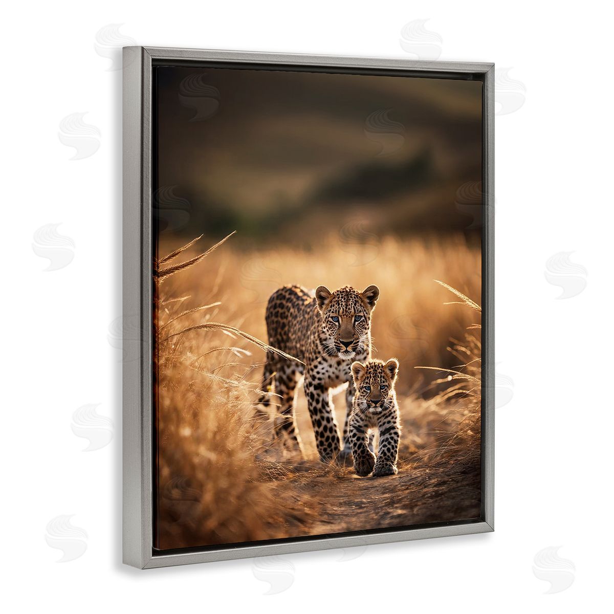 Cheetah & Cub in Nature Grey Floating Frame Canvas Wall Art, Home Decor by Noah Bay