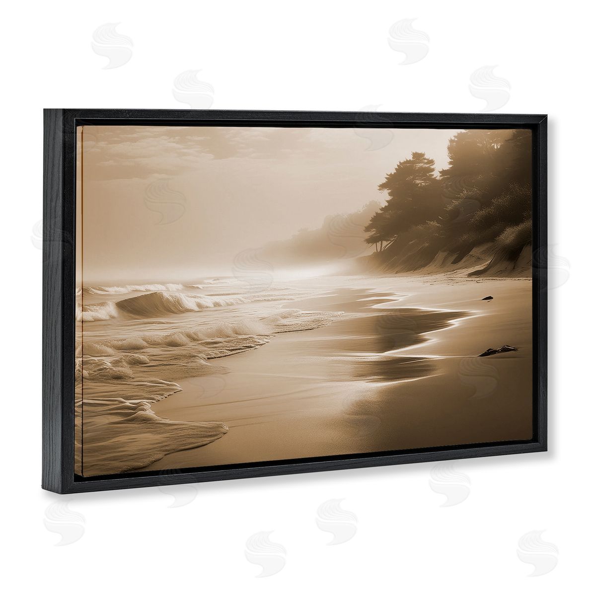 Sepia Smooth Beach Landscape Black Floating Frame Canvas Wall Art, Home Decor by Noah Bay