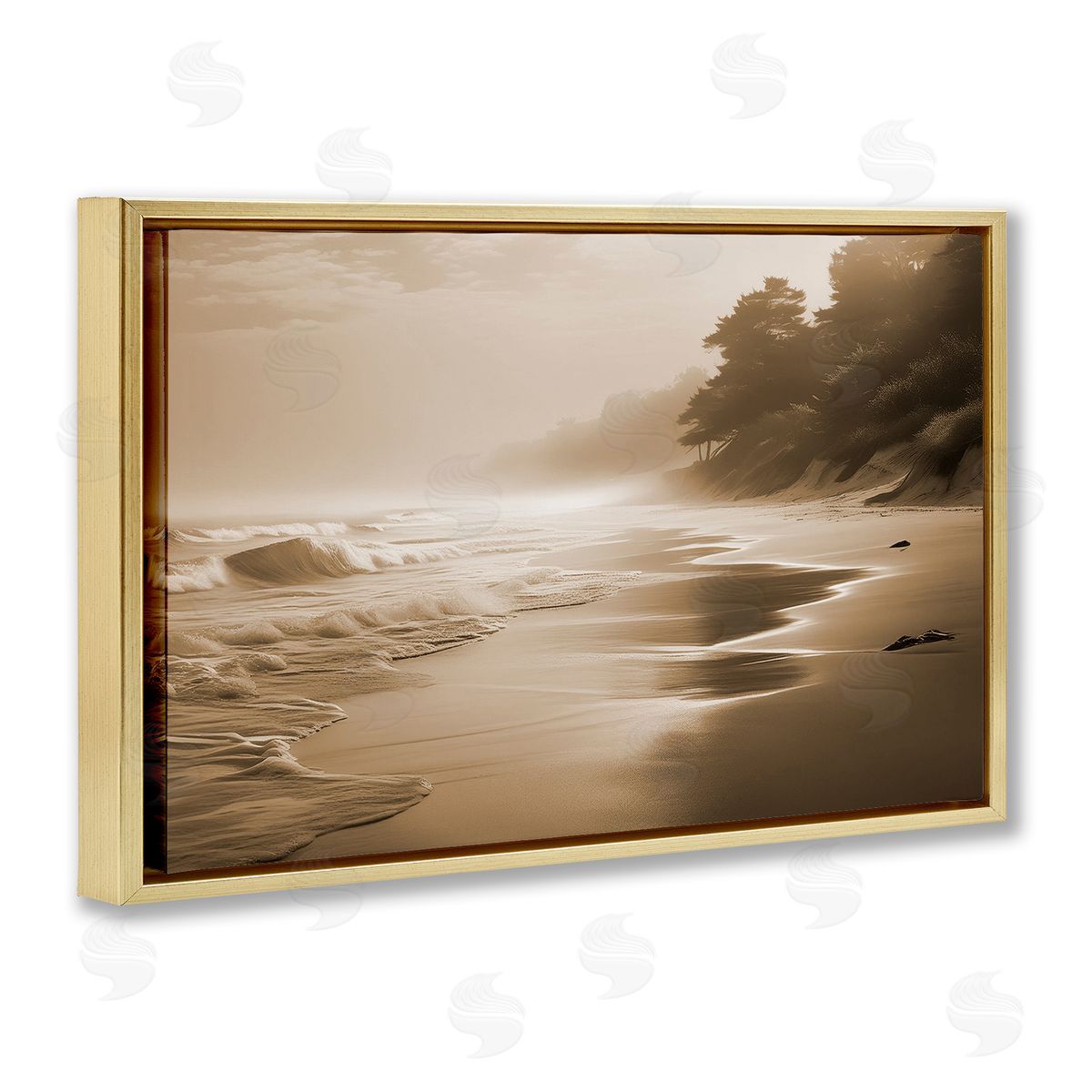 Sepia Smooth Beach Landscape Gold Floating Frame Canvas Wall Art, Home Decor by Noah Bay