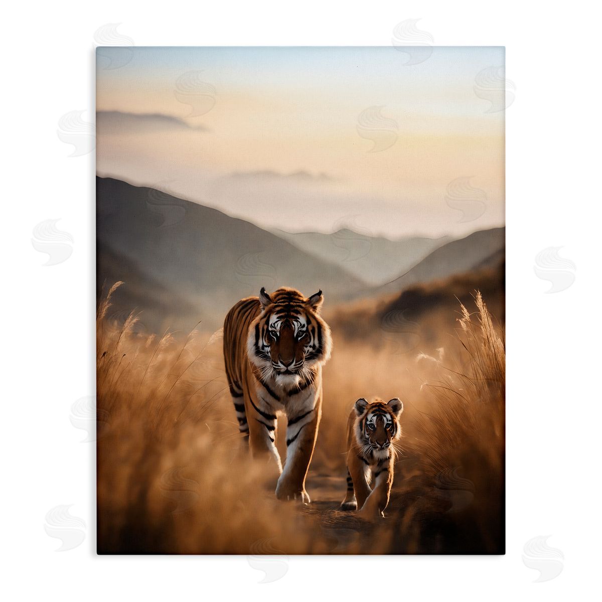 Tiger & Cub on Savanna Canvas Wall Art, Home Decor by Noah Bay