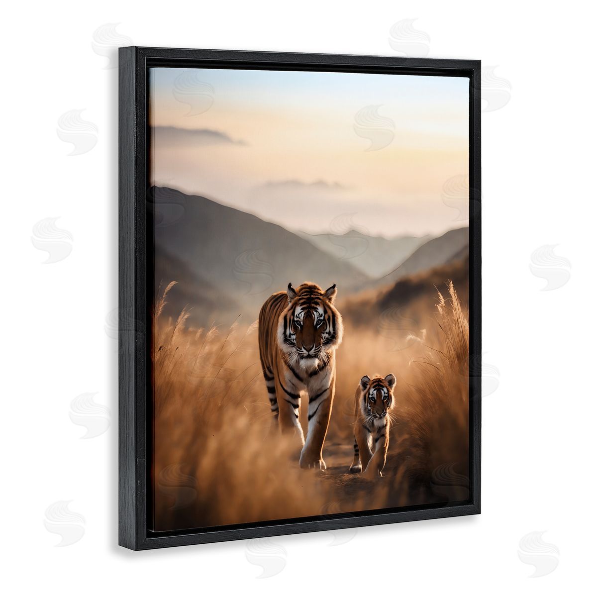 Tiger & Cub on Savanna Black Floating Frame Canvas Wall Art, Home Decor by Noah Bay
