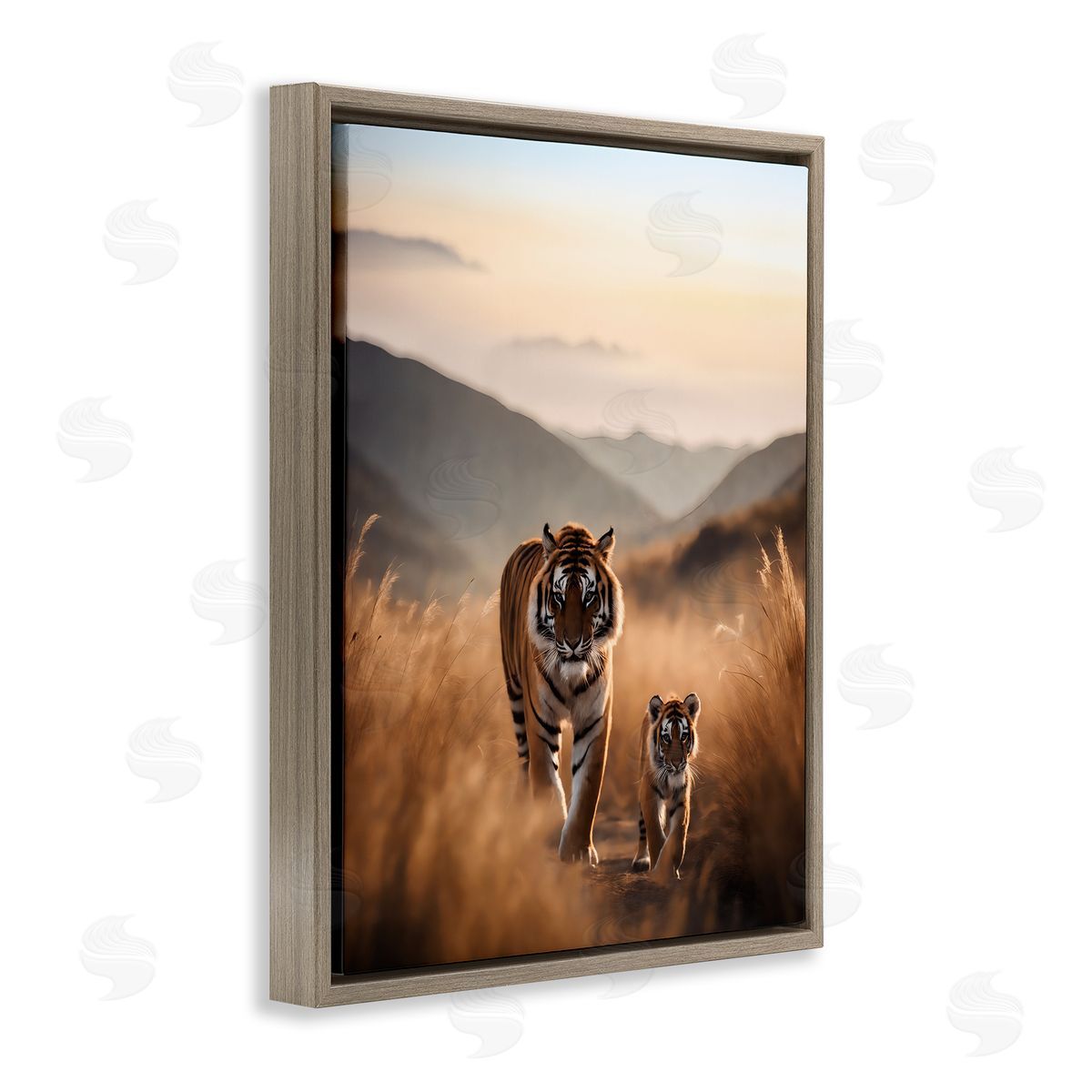 Tiger & Cub on Savanna Brown Floating Frame Canvas Wall Art, Home Decor by Noah Bay