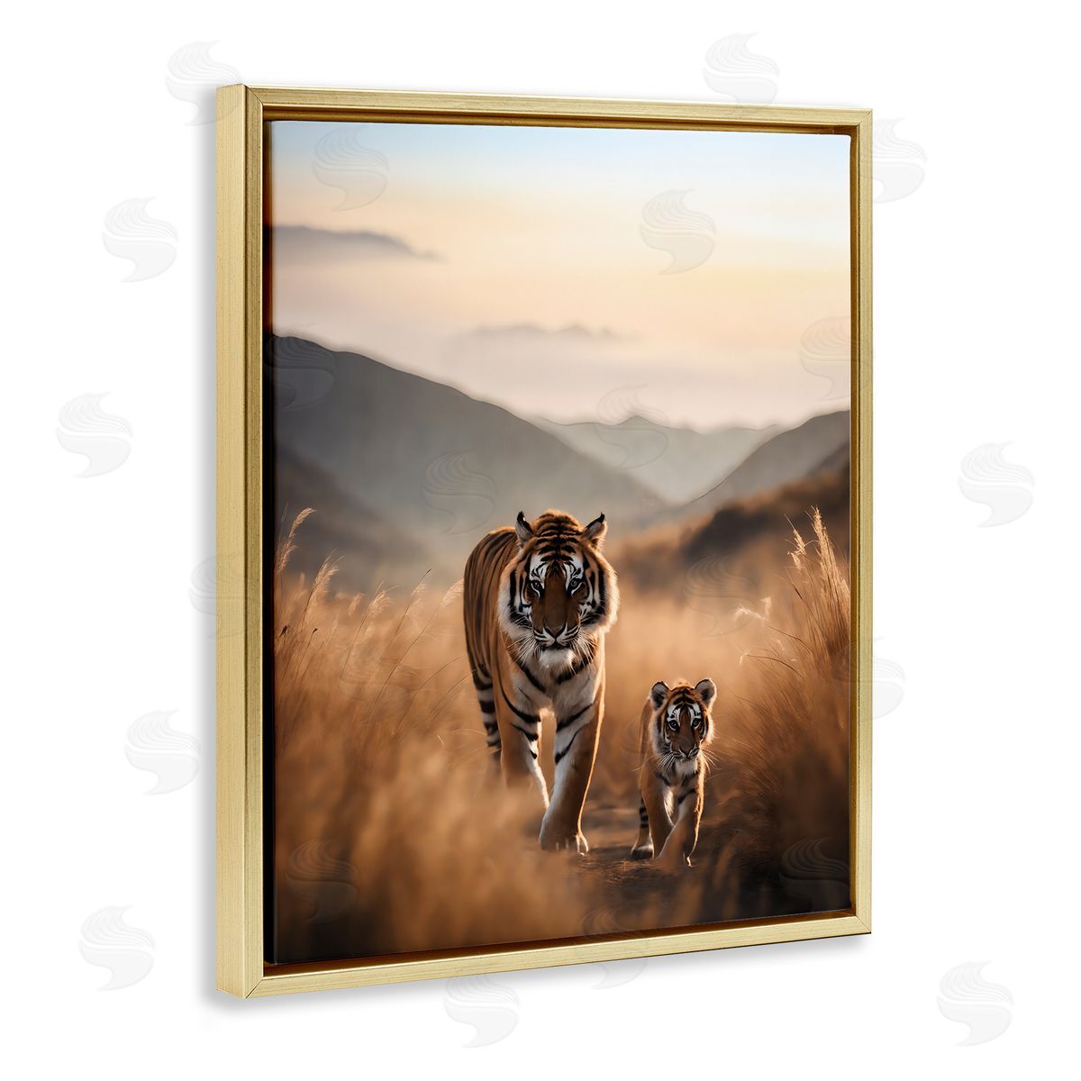 Tiger & Cub on Savanna Gold Floating Frame Canvas Wall Art, Home Decor by Noah Bay