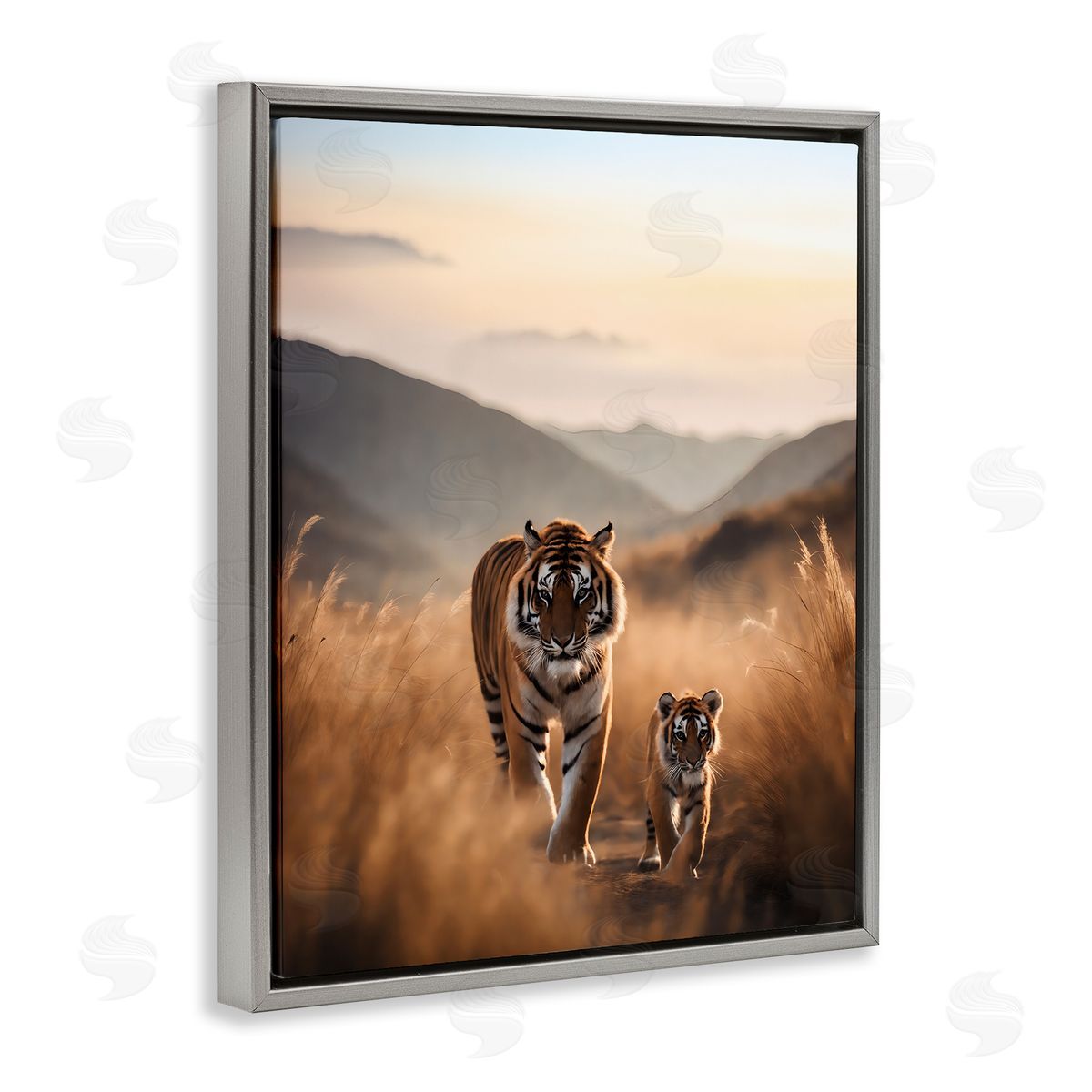 Tiger & Cub on Savanna Grey Floating Frame Canvas Wall Art, Home Decor by Noah Bay